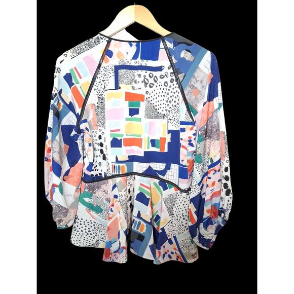 Hunter Bell Grayson Abstract Geometric Watercolor Silk Top Ruffle Peplum Small - Picture 4 of 12